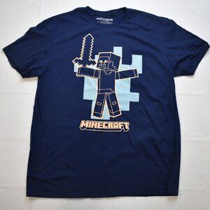 Mojang Studios Mens Minecraft Steve Holding Diamond Sword Navy Shirt New